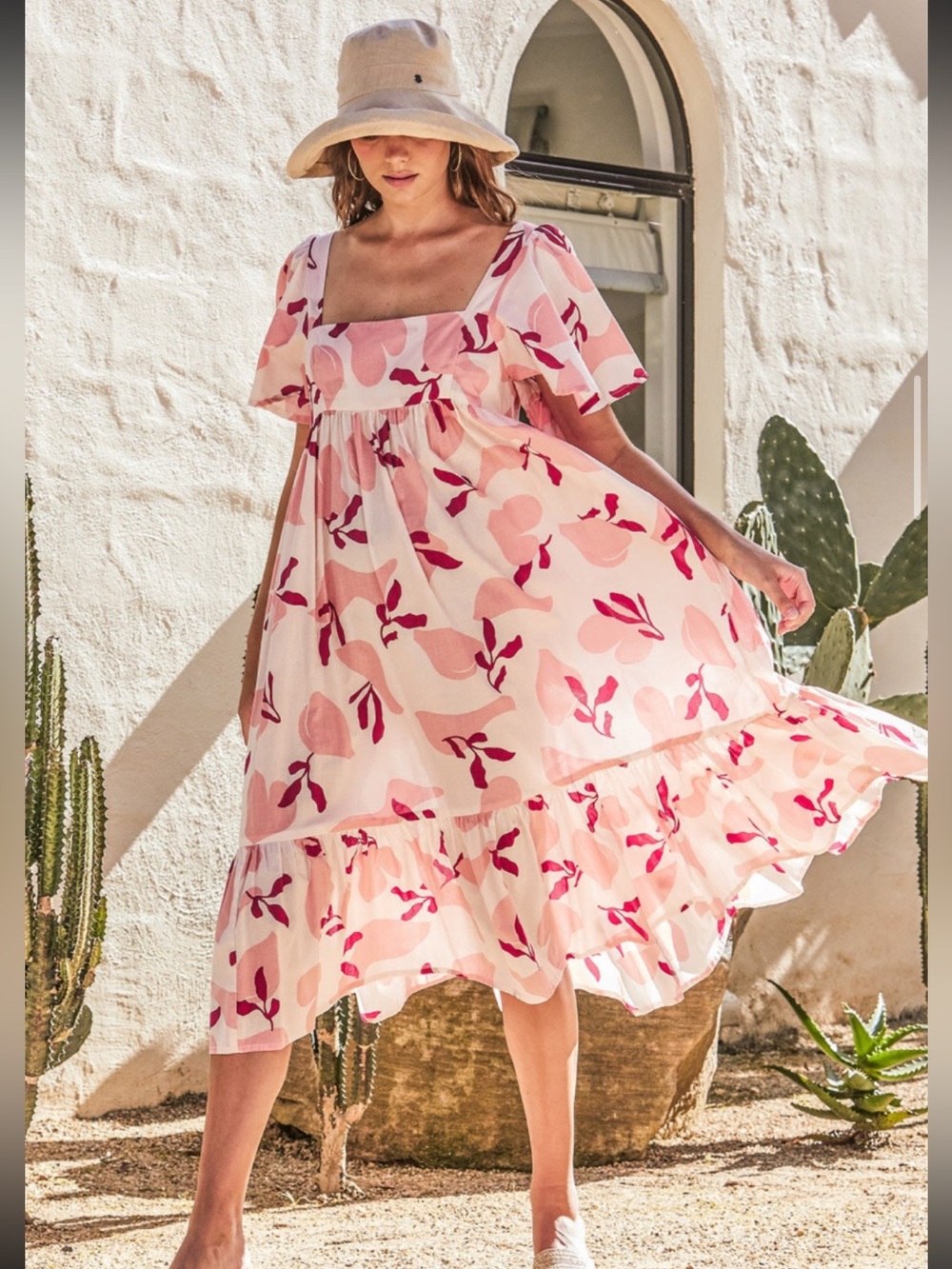 Women’s Pink Floral Square-Neck Midi Dress